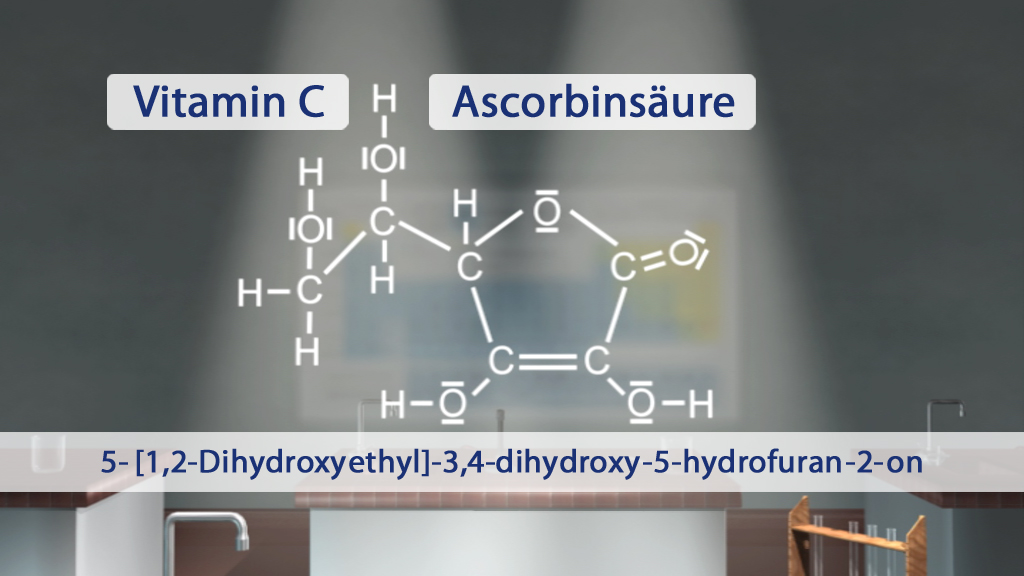 Chemische Strukturformel von Vitamin C (Ascorbinsäure) mit chemischer Bezeichnung.