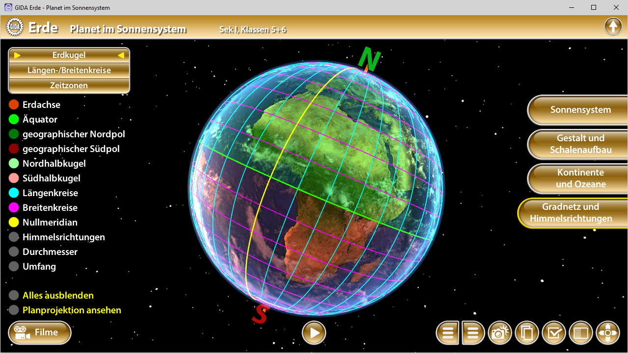 Interaktive 3D-Darstellung der Erde im Sonnensystem mit geographischen Koordinaten und Kontinenten.