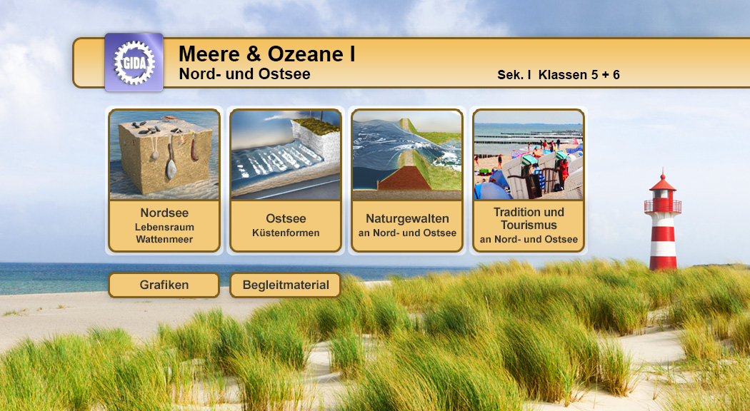 Lehrmaterial über Meere und Ozeane, mit Themen zu Nord- und Ostsee, Küstenformen, Naturgewalten und Tourismus.