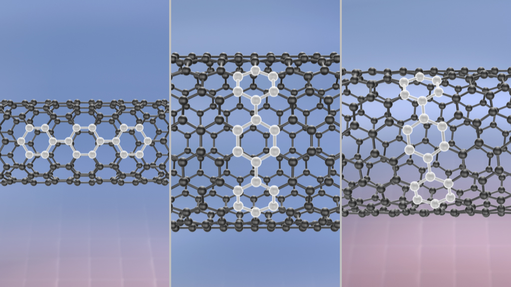 Drei Ansichten eines Molekülmodells mit schwarzem und weißem Atomaufbau, das chemische Strukturen zeigt.