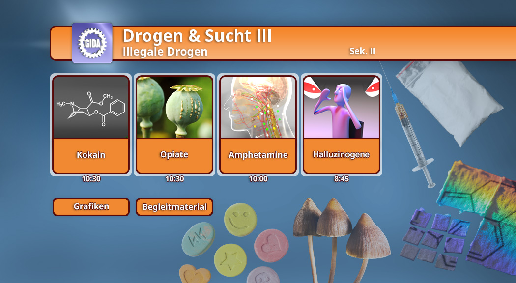 Infografik über illegale Drogen mit vier Kategorien: Kokain, Opiate, Amphetamine und Halluzinogene, jeweils mit Symbolen und Zeitangaben.