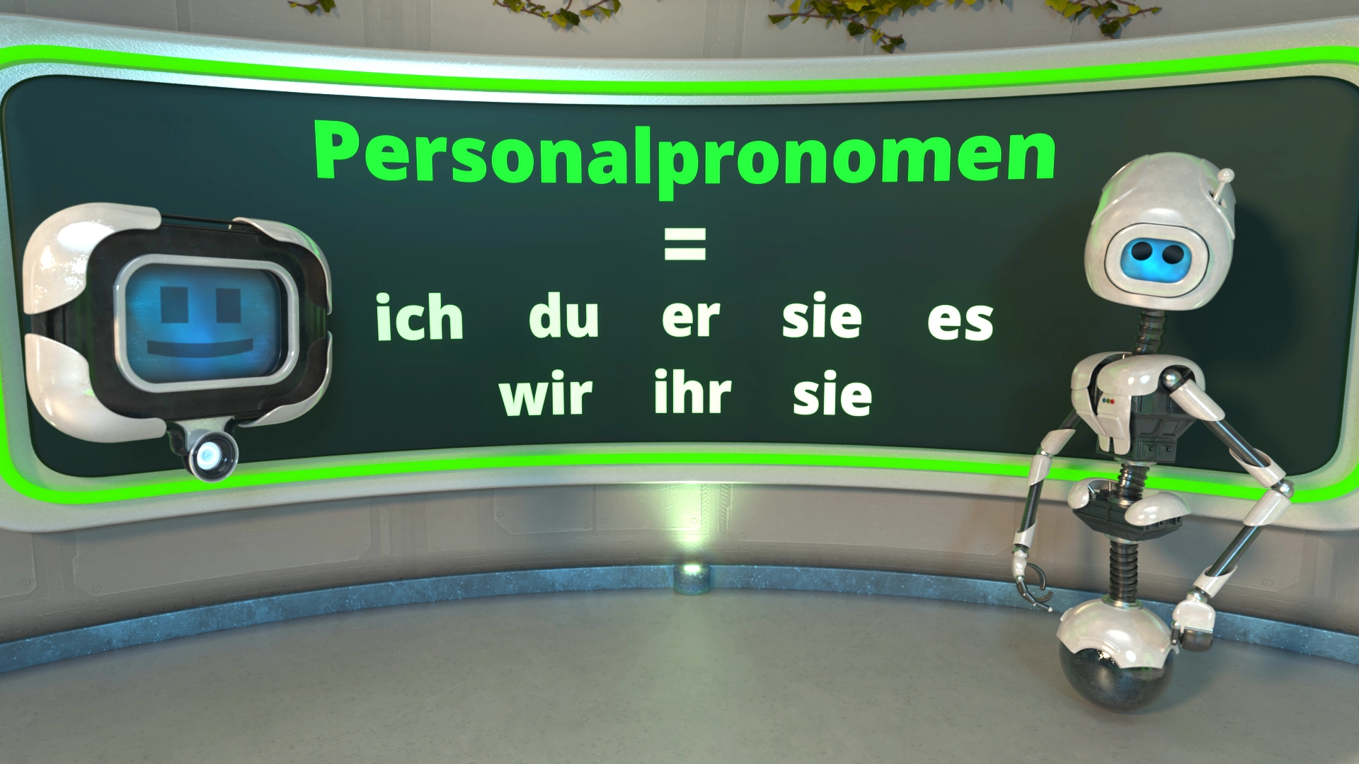 Zwei Roboter vor einer großen Tafel mit der Überschrift 'Personalpronomen' und den Pronomen 'ich du er sie es wir ihr sie'