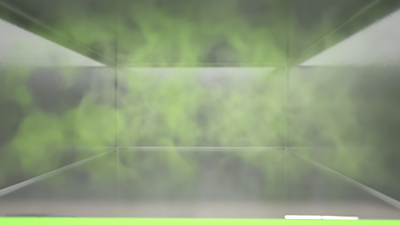 Ein leerer Raum mit grünem Nebel, der eine unheimliche Atmosphäre schafft.