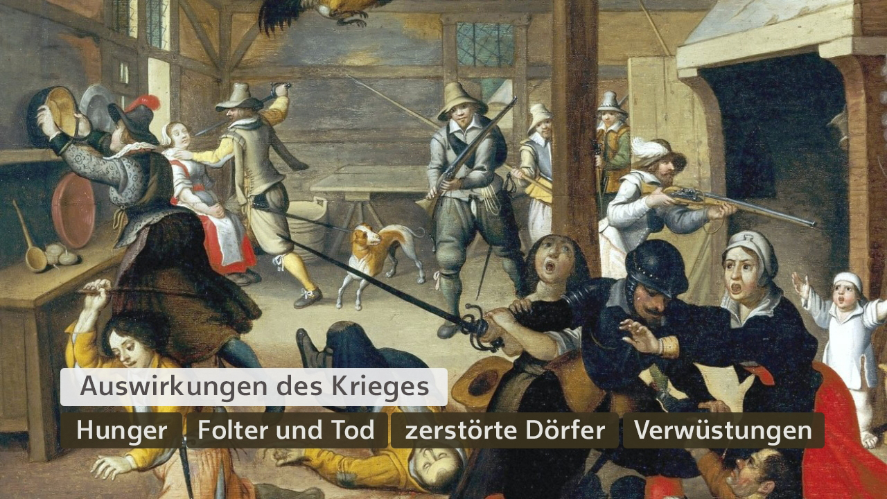 Historische Darstellung der Auswirkungen des Krieges mit Szenen von Gewalt, Hunger und Zerstörung in einem Dorf.