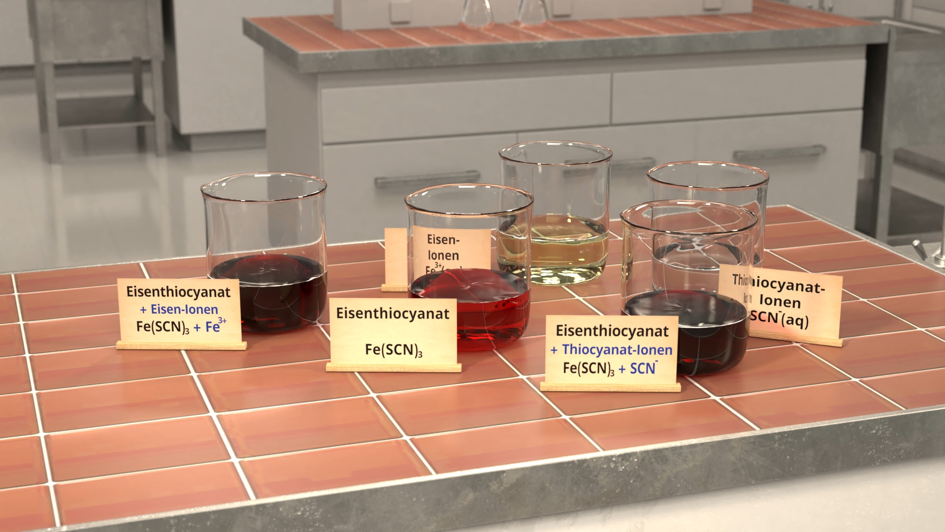 Mehrere Glasgefäße mit unterschiedlich gefärbten Flüssigkeiten und beschrifteten Karten mit den Begriffen 'Eisenthioyanat', 'Eisen-Ionen', 'Fe(SCN)3', 'Fe3+', 'SCN-' auf einer gefliesten Arbeitsfläche.
