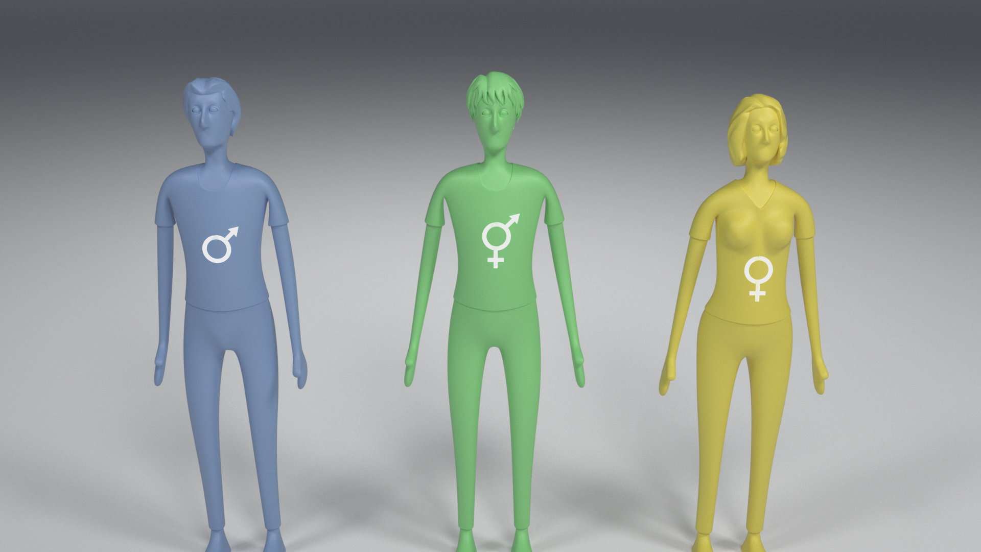 Drei stilisierte Figuren in Blau, Grün und Gelb, die jeweils ein Geschlechtsymbol auf der Brust tragen.