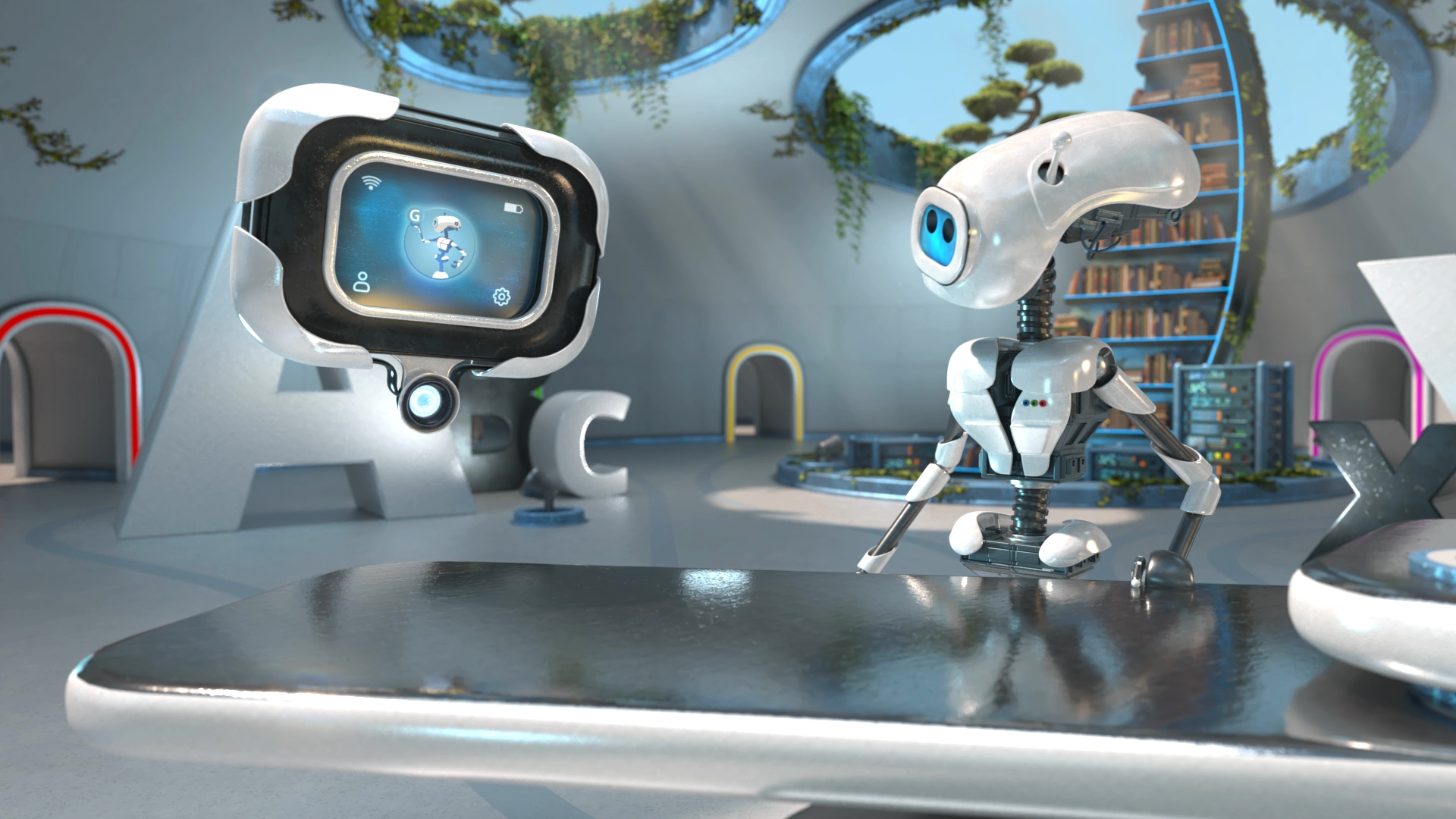Zwei futuristische Roboter mit Bildschirmgesichtern sitzen an einem glänzenden Tisch in einem modernen, hellen Raum mit Pflanzen und einer Wendeltreppe im Hintergrund