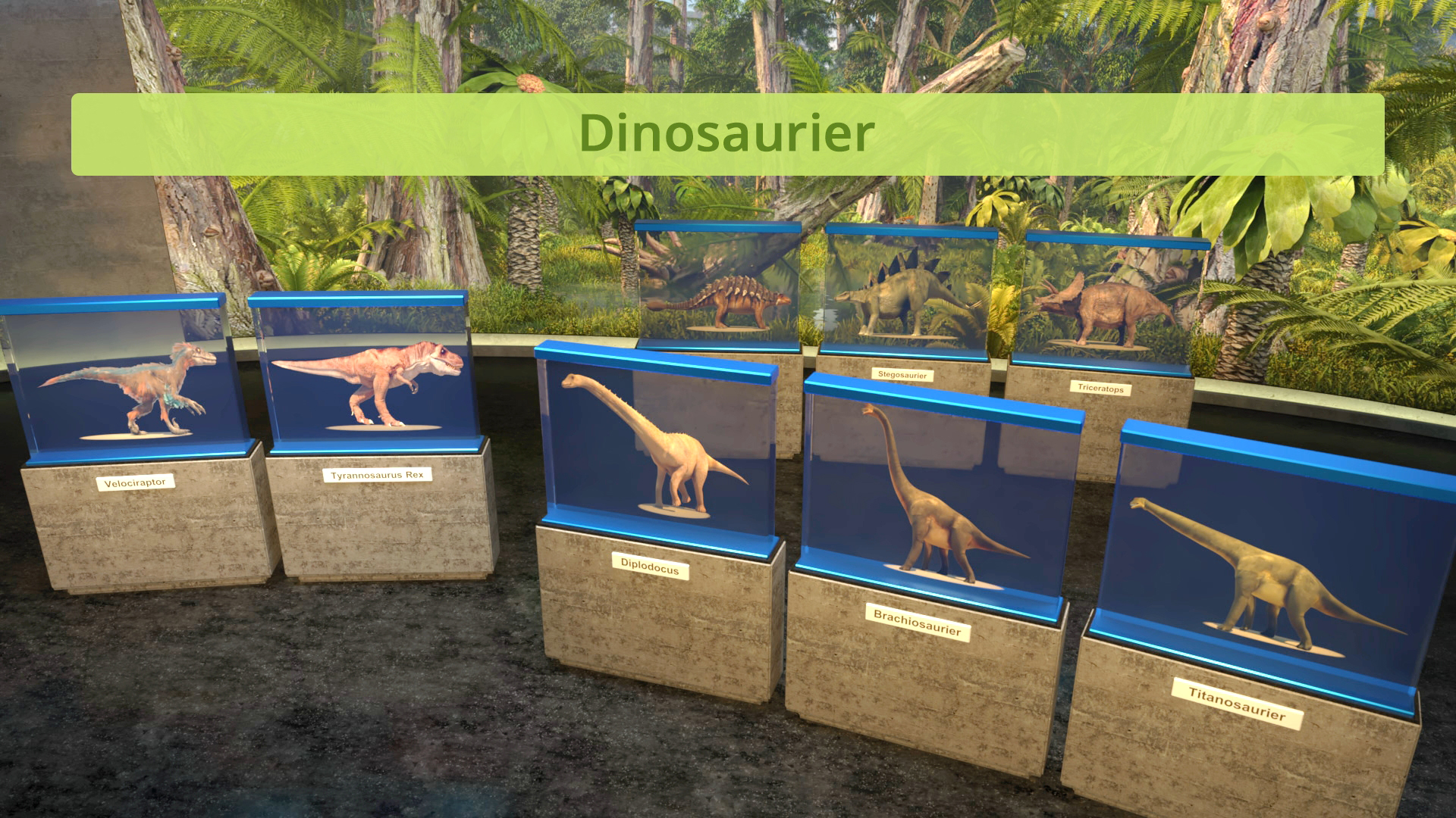 Ausstellung mit acht Vitrinen, die Dinosauriermodelle zeigen. Oben steht der Text 'Dinosaurier'. Die drei Hauptgruppen der Dinosaurier werden vorgestellt: die zweibeinigen Echsenbeckensaurier (Theropoda), die vierbeinigen Vogelbeckensaurier (Ornithischia)