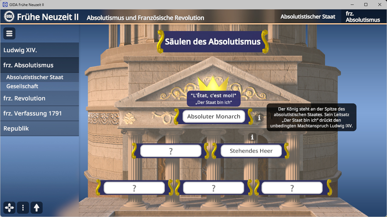 Grafik mit einer Säule, die die Säulen des Absolutismus darstellt, darunter Textfelder mit Beschriftungen wie 'Absoluter Monarch' und 'Stehendes Heer' sowie erklärendem Text zum König Ludwig XIV.