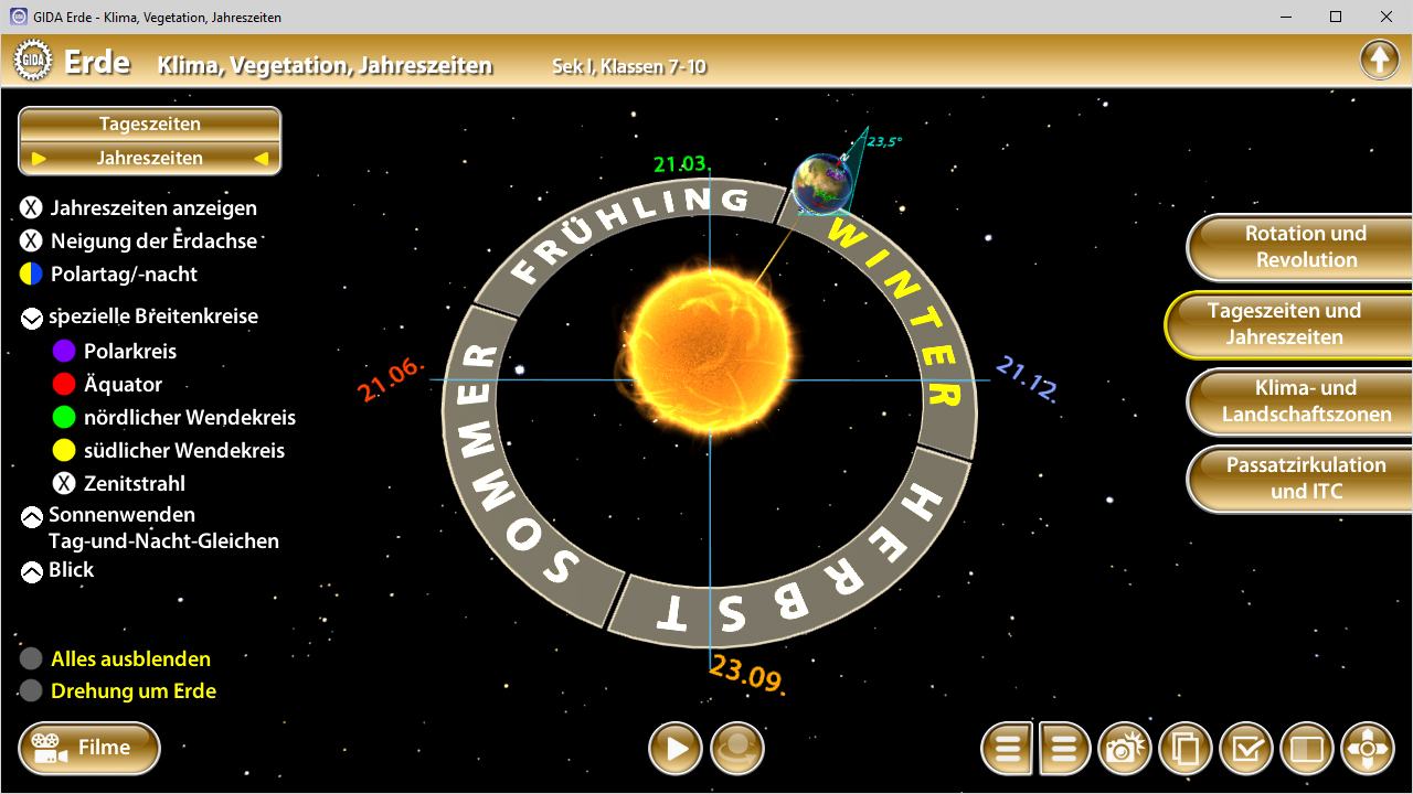 Interaktive Darstellung der Erde mit Jahreszeiten, zeigt die Position der Erde und die Sonnenstrahlen zu verschiedenen Jahreszeiten.