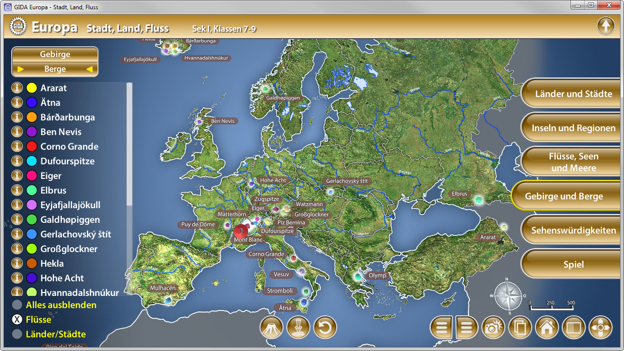 Interaktive Karte von Europa mit geografischen Elementen wie Gebirgen, Flüssen und Städten, geeignet für den Unterricht der 7. Klasse.