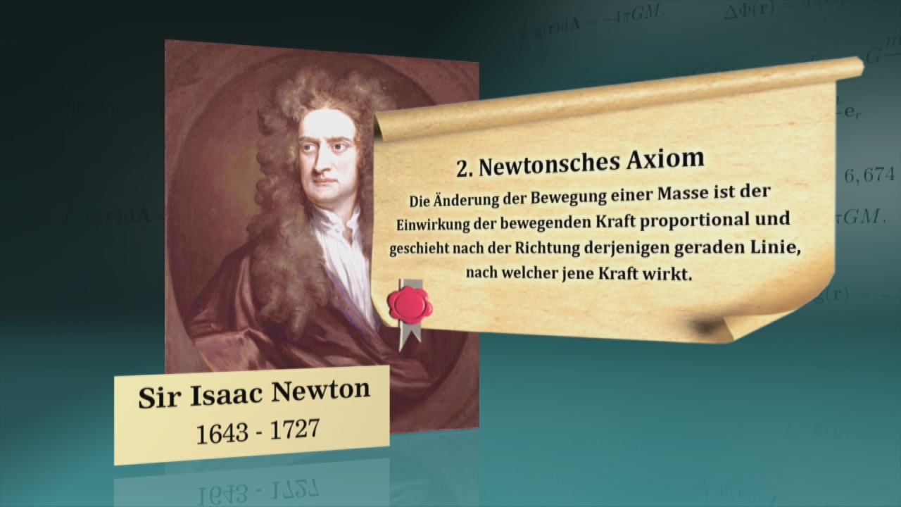 Porträt von Sir Isaac Newton mit einem Zitat über das zweite Newtonsche Axiom.