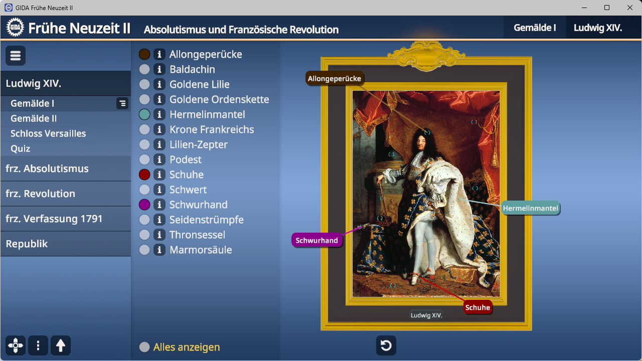 Digitale Darstellung eines Gemäldes von Ludwig XIV mit farbigen Markierungen und Beschriftungen zu Allongeperücke, Baldachin, Goldener Lilie, Goldener Ordenskette, Hermelinmantel, Krone Frankreichs, Lilien-Zepter, Podest, Schuhe, Schwert, Schwarzhandschuh