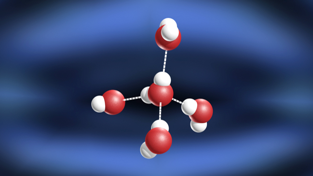 3D-Darstellung eines Wassermoleküls mit zwei Wasserstoffatomen (weiß) und einem Sauerstoffatom (rot), verbunden durch chemische Bindungen.