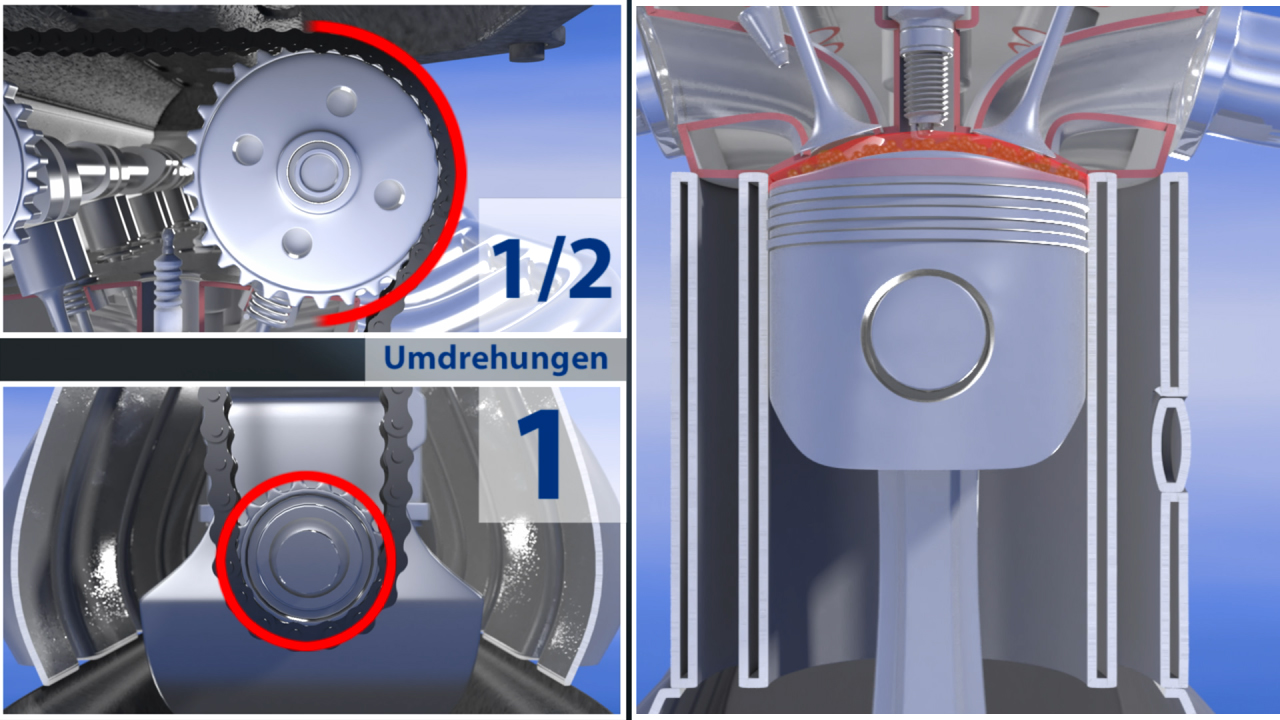Diagramm eines Motors mit zwei Ansichten: eine zeigt das Zahnrad und die andere den Kolben in Bewegung.