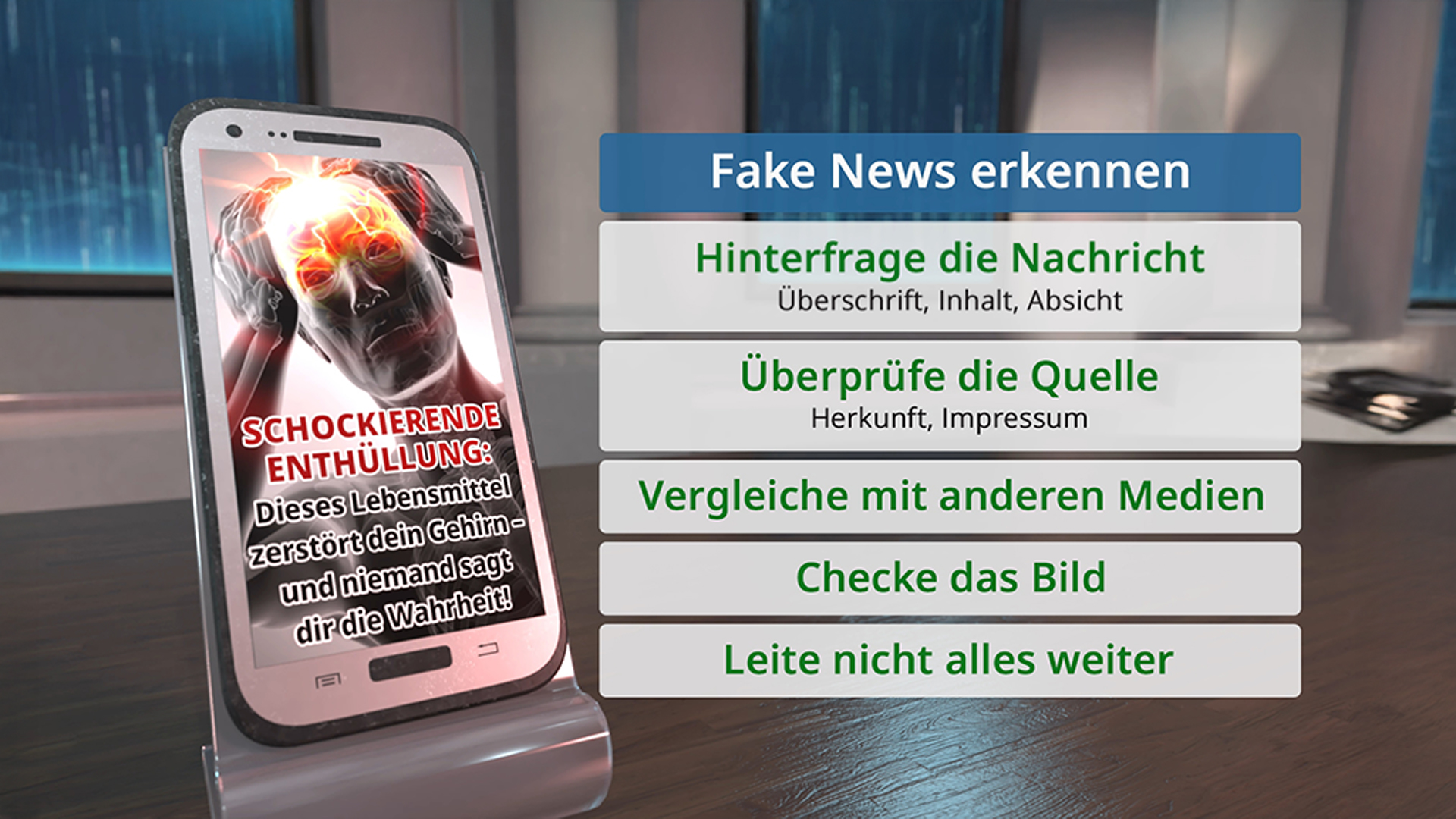 Laptopbildschirm zeigt Webseite von Mimikama mit Artikel über '5G-Apokalypse für Bäume' und hervorgehobenen Textabschnitt 'Faktencheck: FALSCH'.