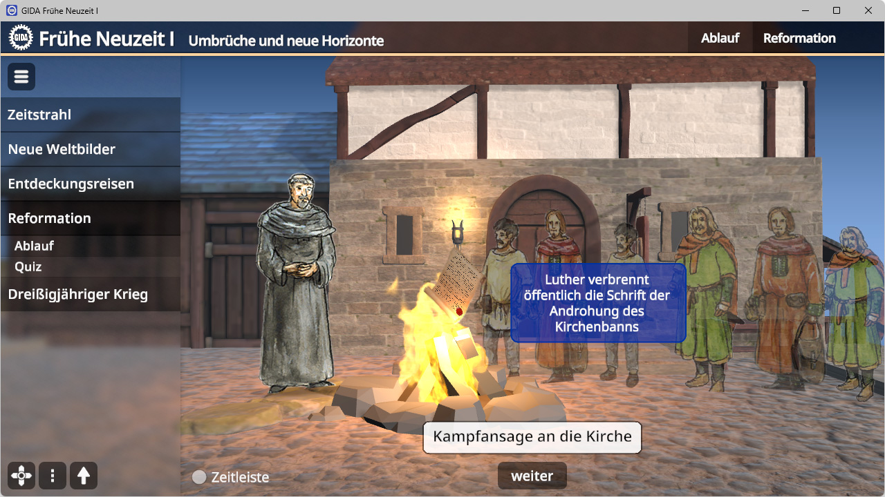 Mittelalterliche Szene vor einem Fachwerkhaus mit brennendem Feuer, Martin Luther und mehrere Personen in historischer Kleidung und Textboxen mit den Worten 'Luther verbrennt öffentlich die Schrift der Androhung des Kirchenbanns' und 'Kampfansage an die K