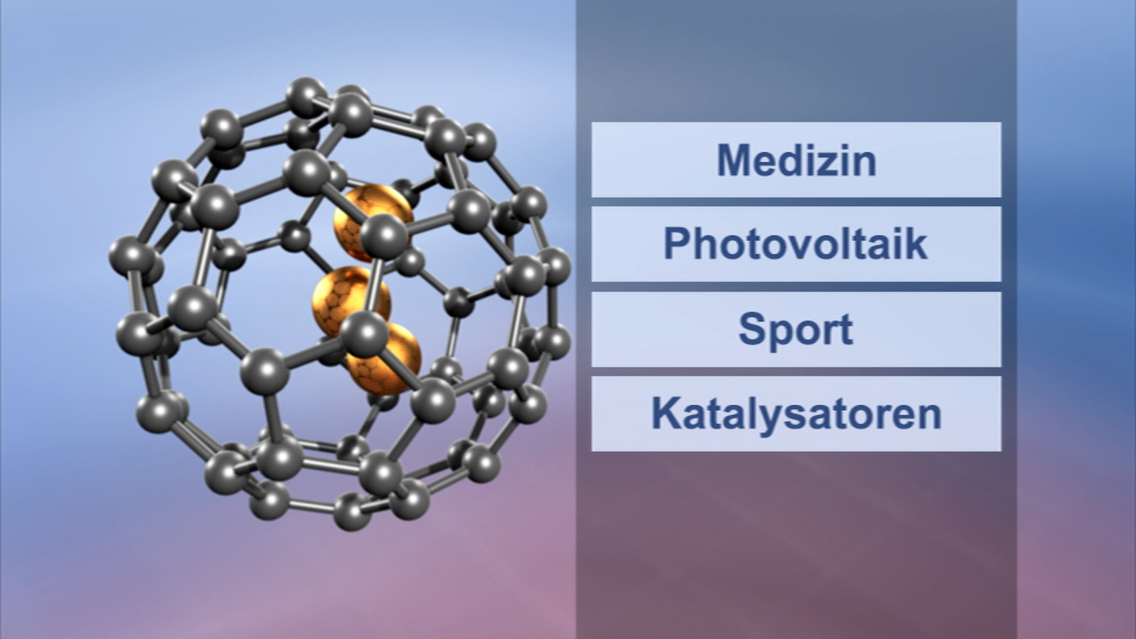 3D-Darstellung eines Moleküls mit hervorgehobenen Atomen, daneben vier Kategorien: Medizin, Photovoltaik, Sport, Katalysatoren.