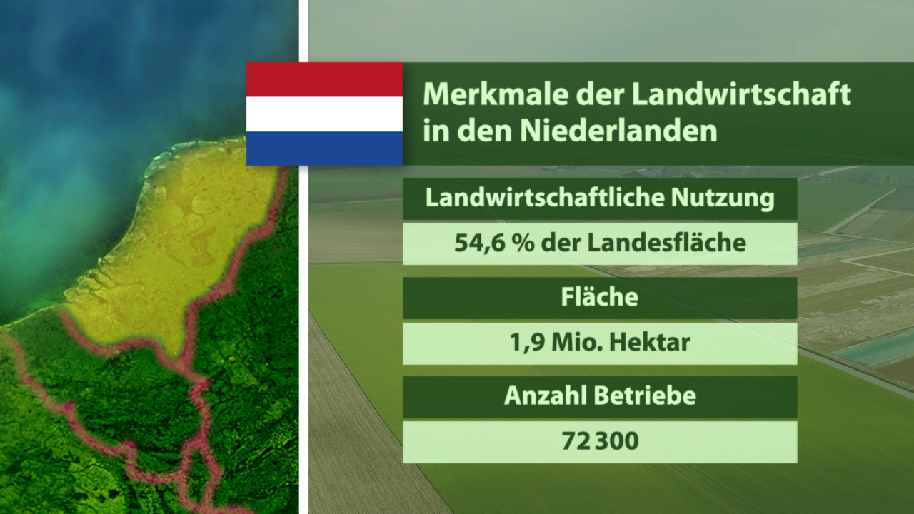 Infografik über die Landwirtschaft in den Niederlanden mit den Merkmalen: 54,6 % landwirtschaftliche Nutzung, Fläche 1,9 Mio. Hektar, Anzahl Betriebe 72.300.