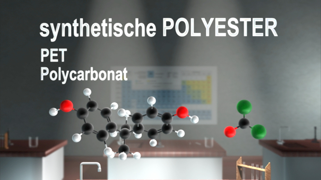 Molekülstruktur von synthetischen Polyestern, einschließlich PET und Polycarbonat, dargestellt in einem Laborumfeld.