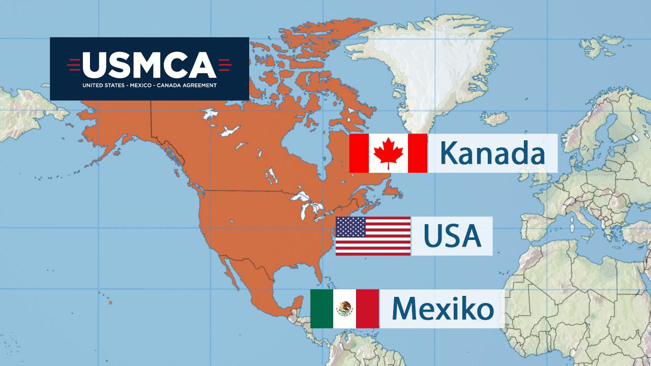 Karte von Nordamerika mit den Ländern Kanada, USA und Mexiko, die im Rahmen des USMCA-Abkommens hervorgehoben sind.