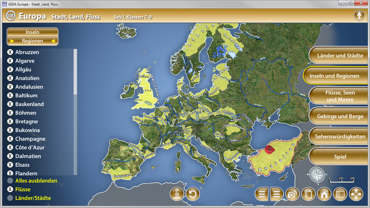 Interaktive Karte von Europa mit Regionen, Flüssen und Städten, einschließlich einer Auswahl für Inseln und Sehenswürdigkeiten.
