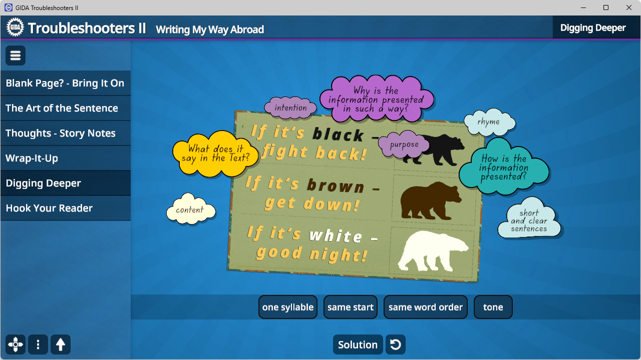 Grafik mit drei Bären in Schwarz, Braun und Weiß neben Textfeldern mit Fragen und Hinweisen zur Informationspräsentation und Satzstruktur.