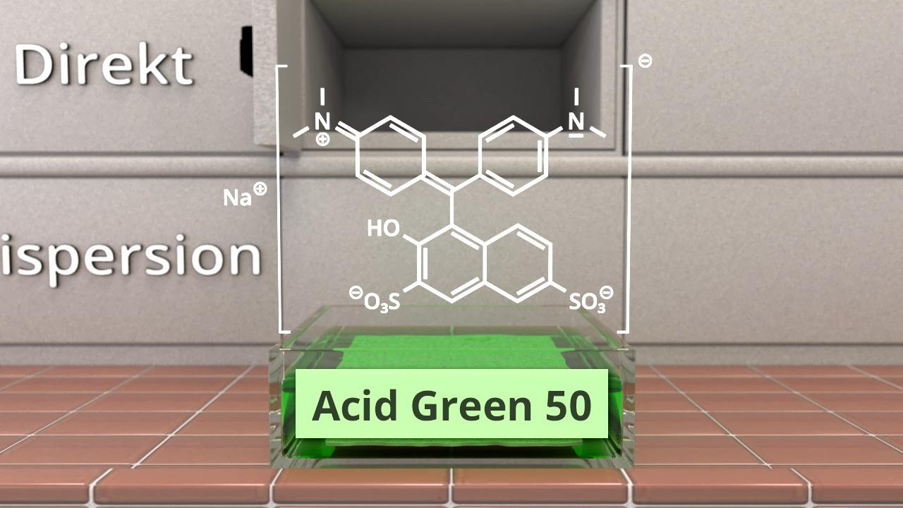 Chemische Strukturformel von Acid Green 50 auf einem grünen Hintergrund, mit Beschriftung und chemischen Symbolen.