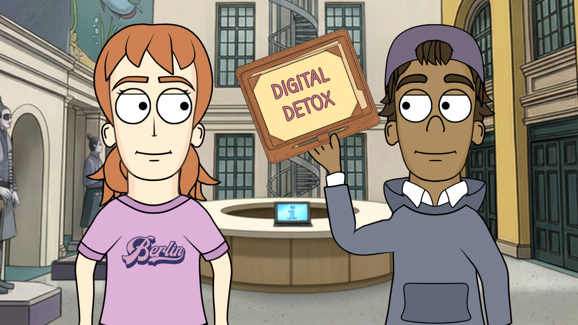 Zwei animierte Personen – Clara und Troy – in einem Museum, eine trägt ein T-Shirt mit der Aufschrift 'Berlin', die andere hält ein Schild mit der Aufschrift 'DIGITAL DETOX'