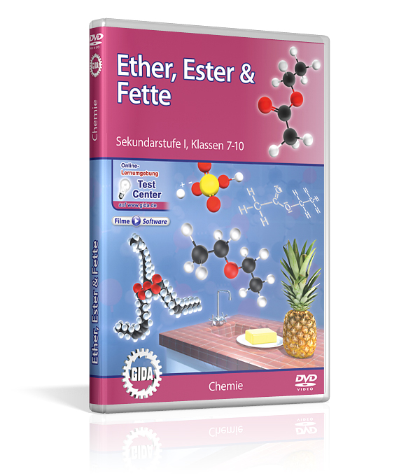 DVD-Cover für 'Ether, Ester & Fette', Chemie für Sekundarstufe I, Klassen 7-10, mit Molekülstrukturen und grafischen Elementen.