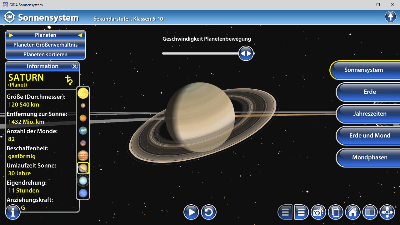 Interaktive Darstellung des Sonnensystems mit Informationen zu Saturn, einschließlich Größe, Entfernung zur Sonne und Umlaufzeit.