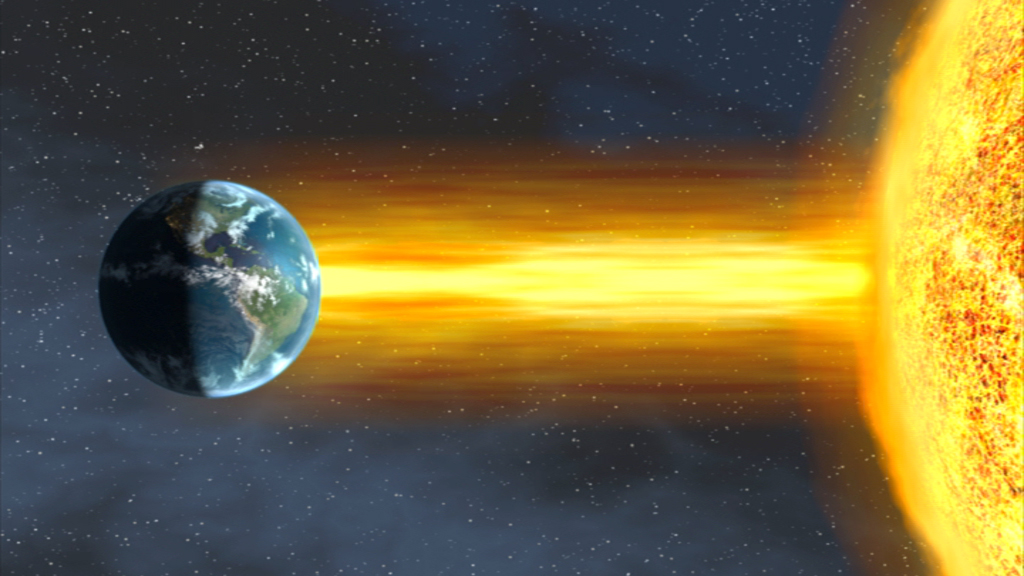 Die Erde wird von Sonnenstrahlen getroffen, die in einem leuchtenden Strahl aus der Sonne strömen.