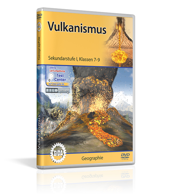 DVD-Cover mit dem Titel 'Vulkanismus', zeigt einen Vulkan mit Lavaausbruch und rauchenden Wolken, für die Klassen 7-10.