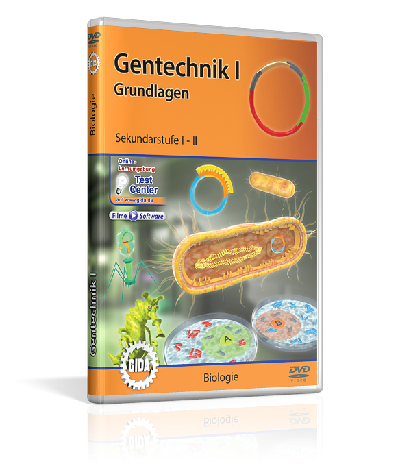 DVD-Cover mit dem Titel 'Gentechnik Eins' für die Sekunfarstufen 1 und 2. Es zeigt Illustrationen mit Bezug zur Erforschung der DNA und zur Gentechnik.