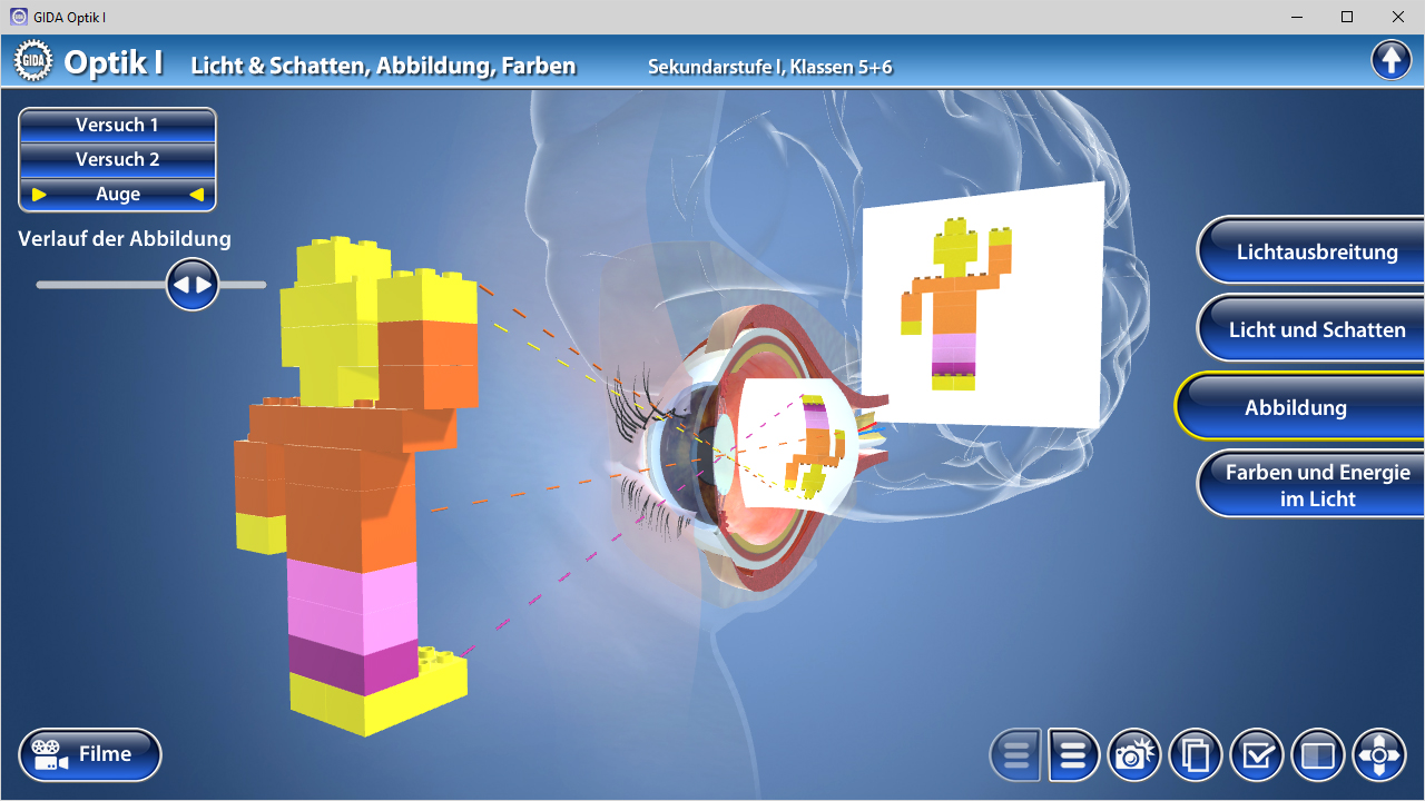Interaktive Darstellung von Licht und Schatten mit einem 3D-Modell in Form von bunten Blöcken, das die Abbildung von Lichtstrahlen zeigt.
