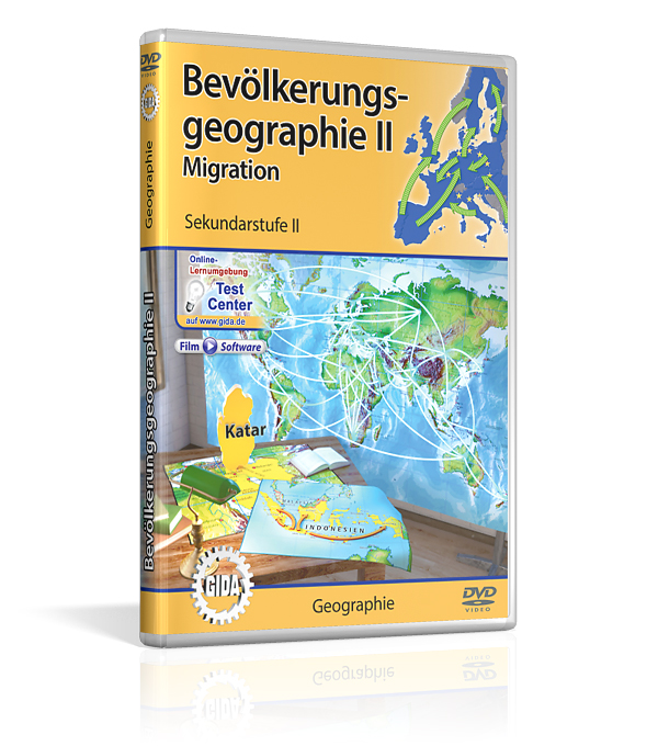 Bevölkerungsgeographie II - Migration DVD-Cover für 'Bevölkerungsgeographie II: Migration' mit Karten und Illustrationen zur Geographie.