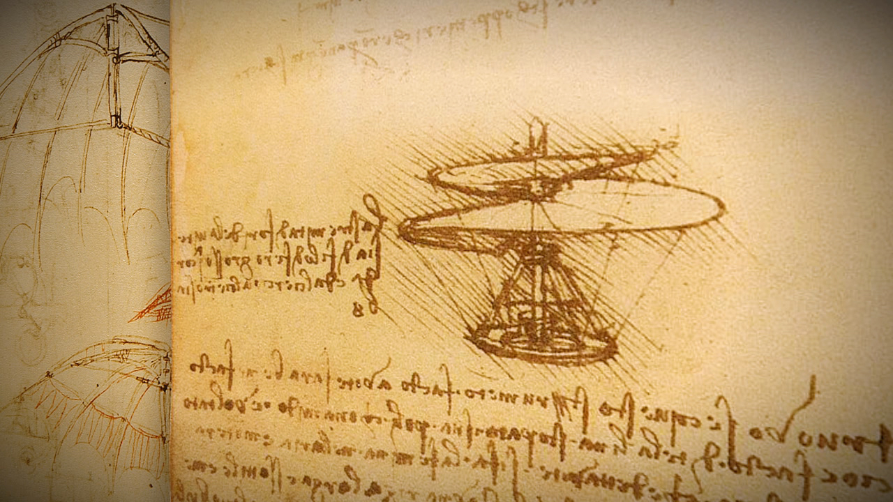 Skizze eines frühen Hubschraubers von Leonardo da Vinci, umgeben von handschriftlichen Notizen.