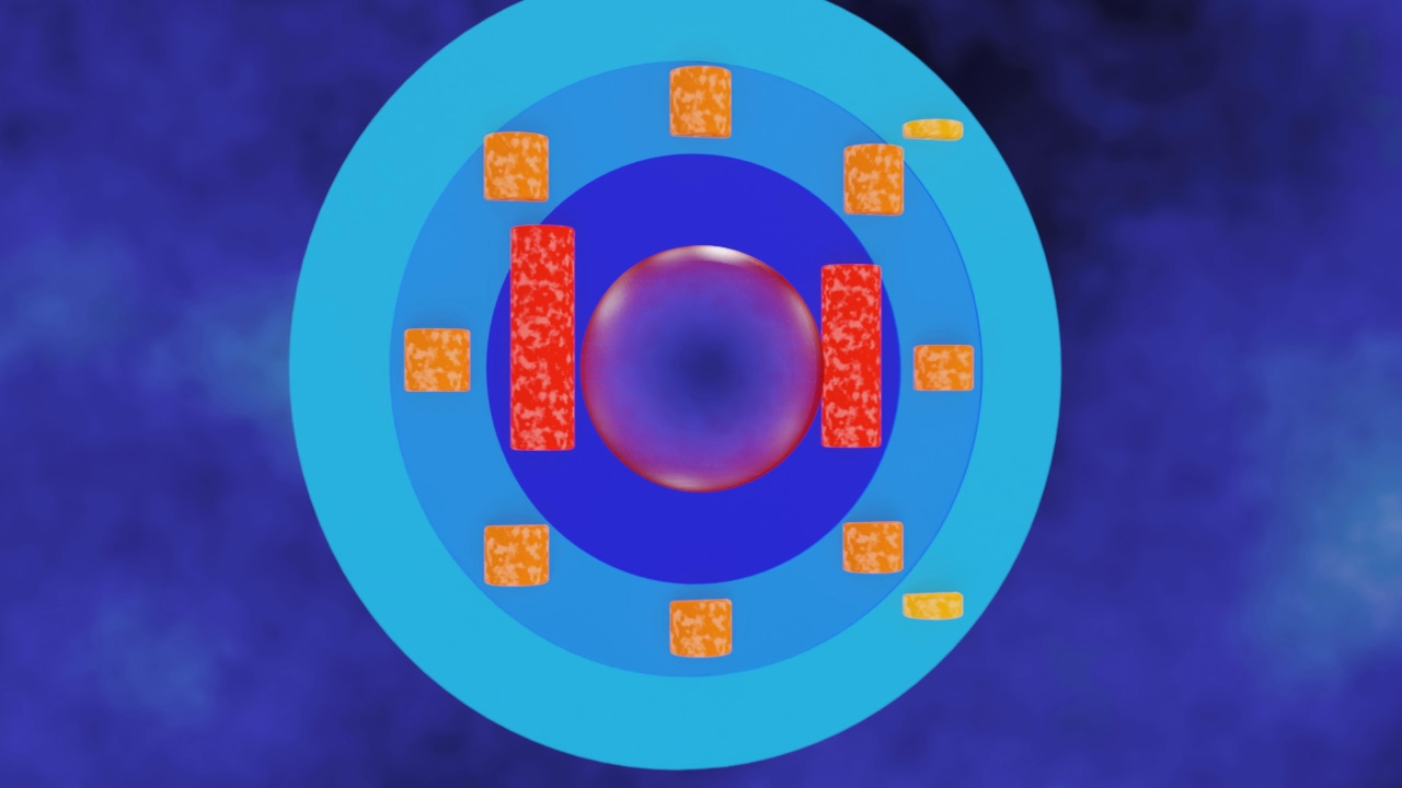 Grafische Darstellung eines atomaren Modells mit einem zentralen Kern und kreisförmigen Elektronenschalen.