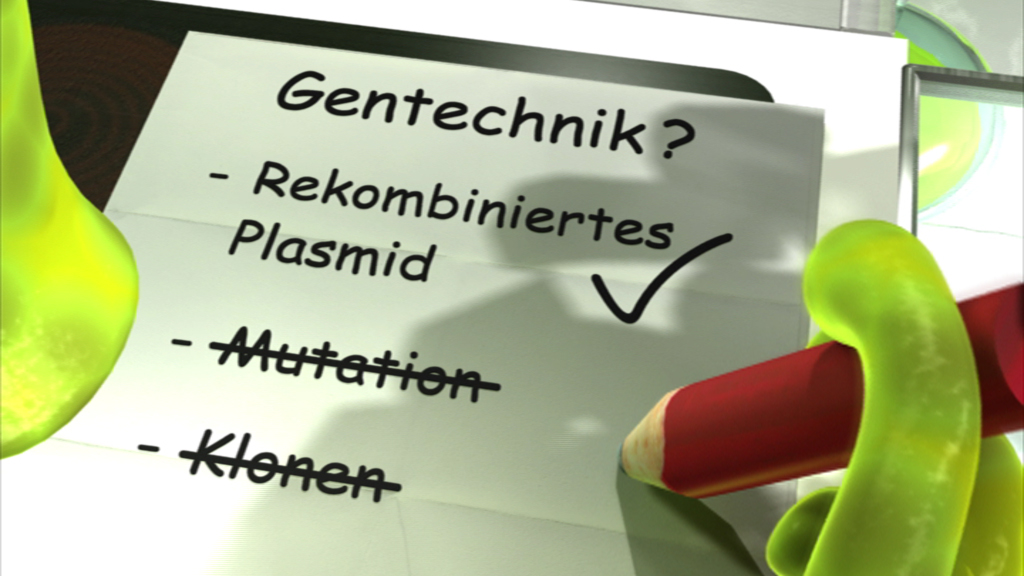 Notiz über Gentechnik mit Punkten zu rekombiniertem Plasmid, Mutation und durchgestrichenem Klonen.