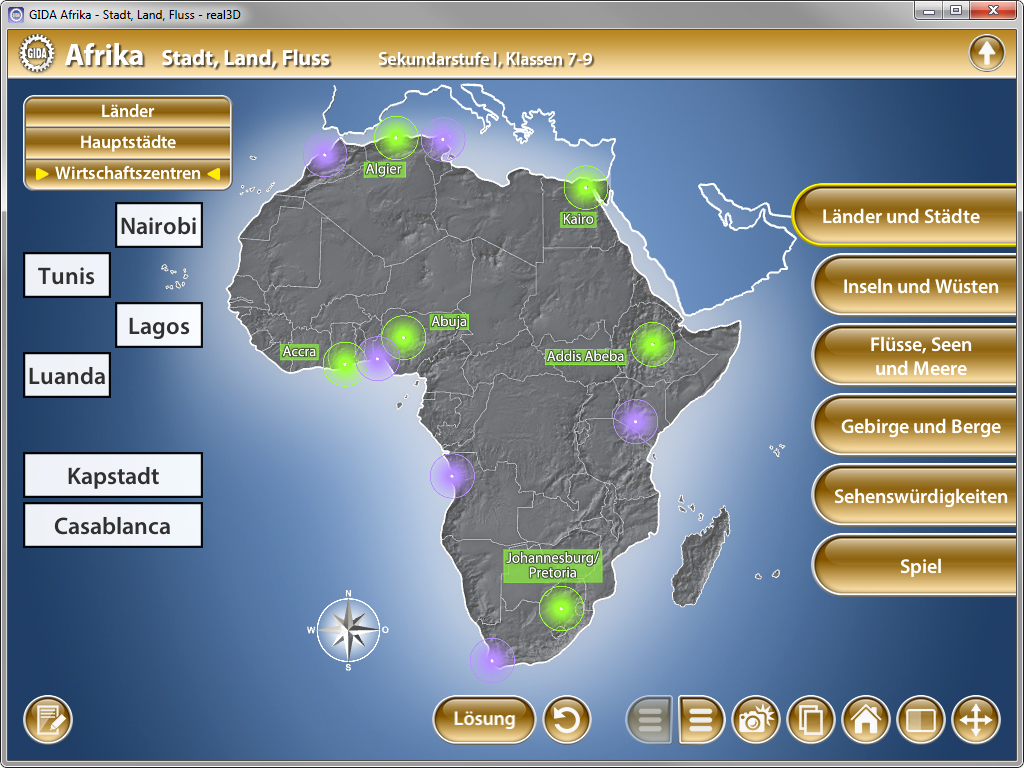 Karte von Afrika mit Ländern, Hauptstädten und Wirtschaftszentren, interaktive Elemente hervorgehoben.