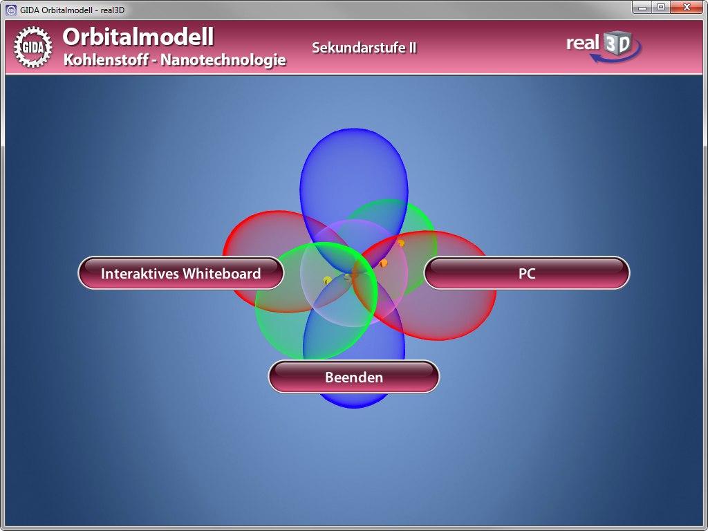 Interaktives Orbitalmodell zur Kohlenstoff-Nanotechnologie mit überlappenden farbigen Ellipsen.