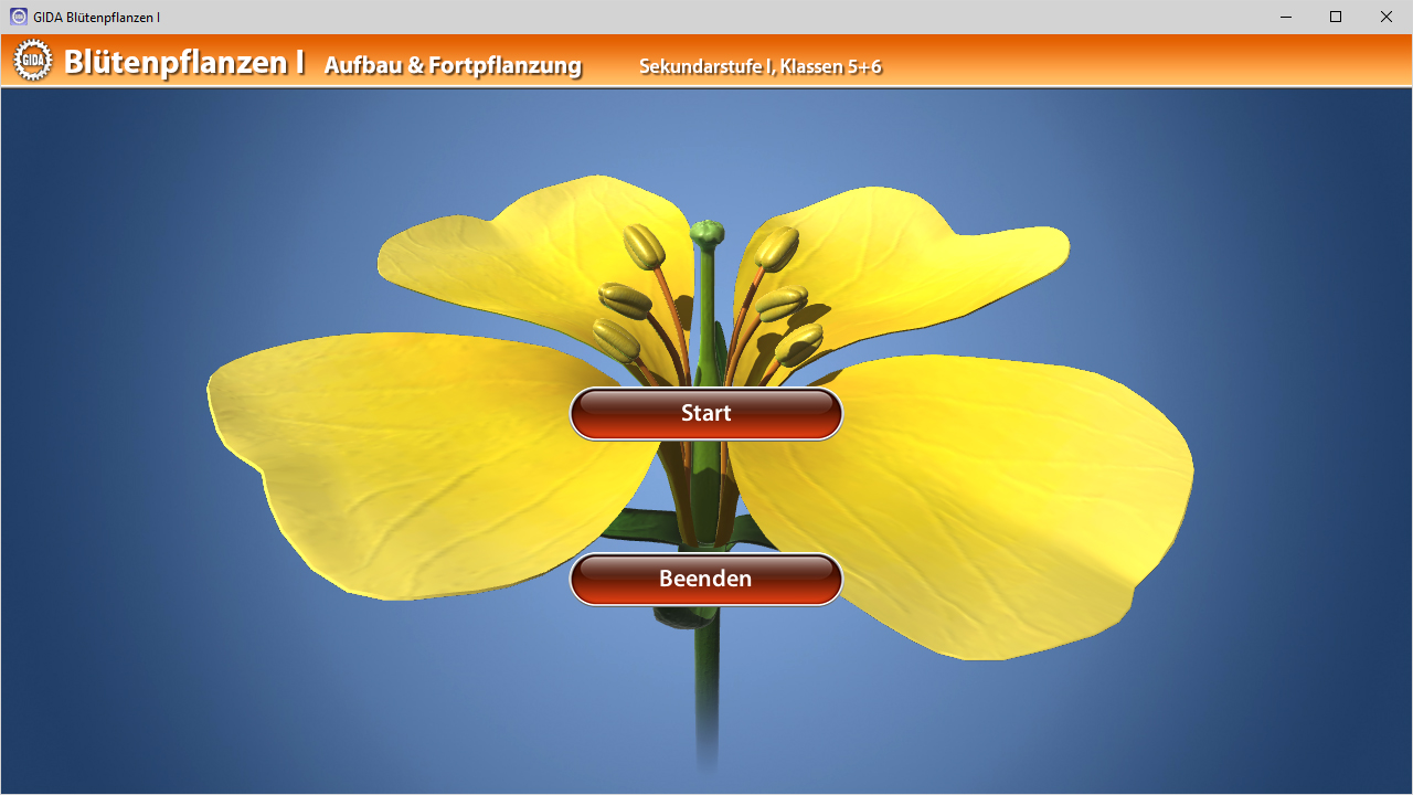 Interaktive Benutzeroberfläche für ein Lernprogramm über Blütenpflanzen, mit einer gelben Blüte und zwei Schaltflächen: 'Start' und 'Beenden'.