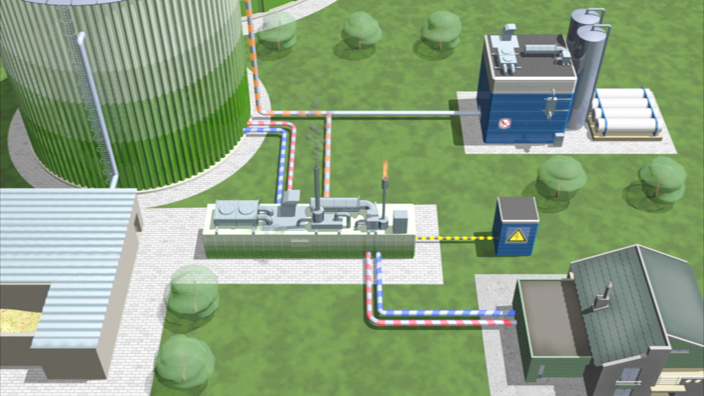 Diagramm einer industriellen Anlage mit Rohren, die verschiedene Gebäude verbinden, darunter ein großer Tank und ein Produktionsgebäude.