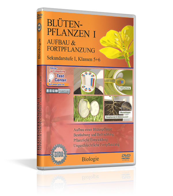 DVD-Cover mit dem Titel 'Blütenpflanzen I' für Sekundarstufe 1. Es zeigt Grafiken zum Aufbau und Funktionsweise von Blütenpflanzen.