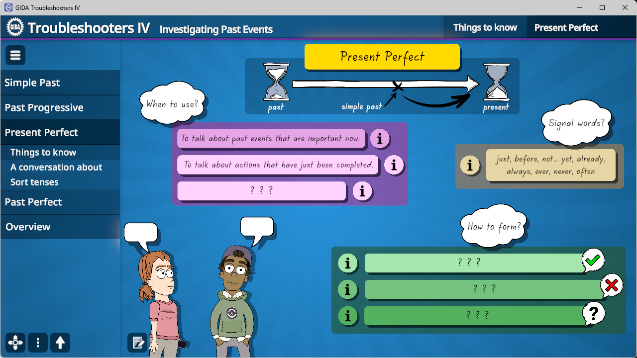 Screenshot einer Lernsoftware zu englischer Grammatik mit Erklärungen und Beispielen zum Present Perfect, zwei Sprechblasen über zwei Figuren, Menü links mit Grammatikthemen und farblich markierten Textfeldern.