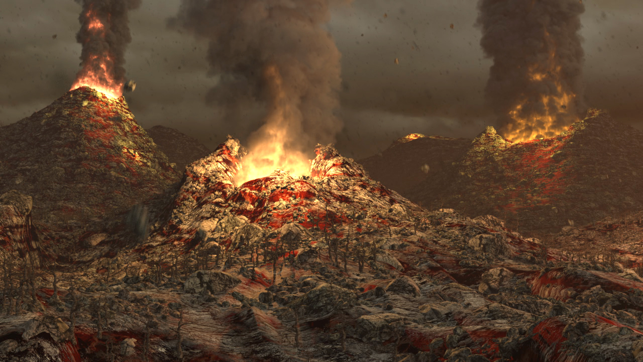 Vulkanlandschaft mit ausbrechenden Vulkanen, Rauch und Lavafluss.