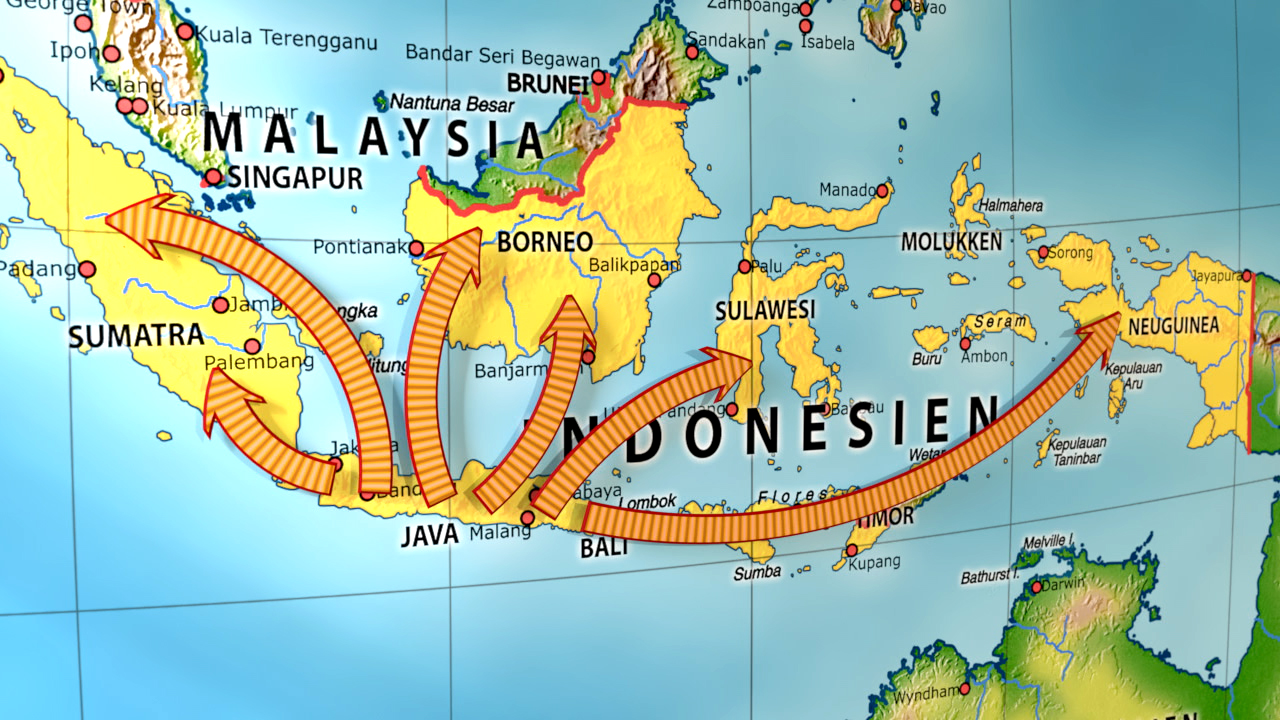 Karte von Südostasien mit Pfeilen, die die Routen zwischen Malaysia, Indonesien und umliegenden Inseln zeigen.