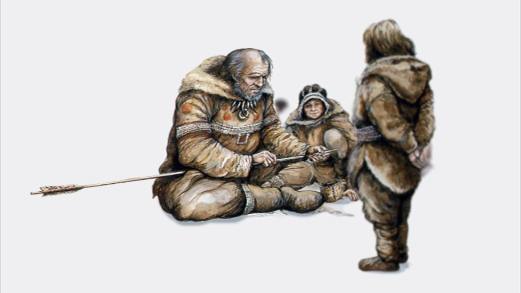 Eine Illustration von drei Menschen in traditionellen, pelzbesetzten Kleidern, die in einer arktischen Umgebung sitzen und stehen. Der ältere Mann sitzt und bearbeitet einen Gegenstand, während ein Kind und ein Erwachsener ihm gegenüberstehen.