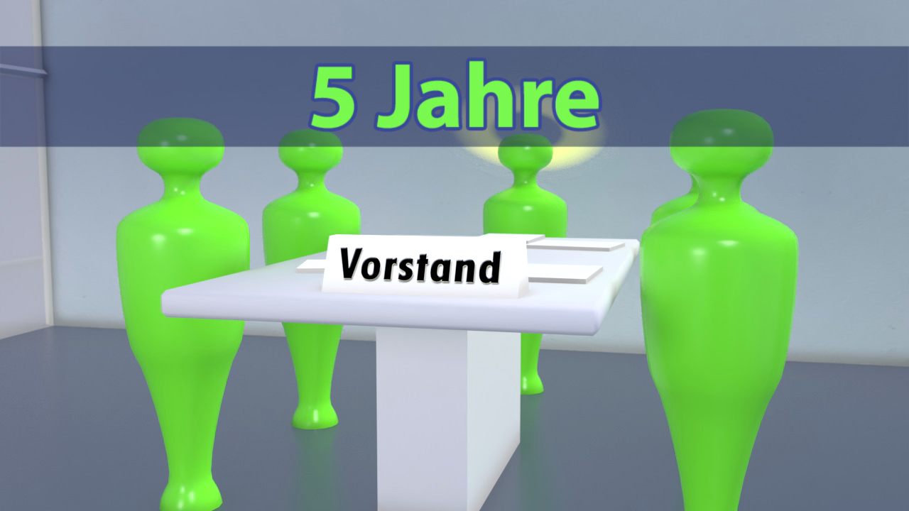 Grafik zeigt einen Tisch mit dem Wort 'Vorstand' und fünf grüne Figuren, die um den Tisch stehen, mit dem Text '5 Jahre' darüber.