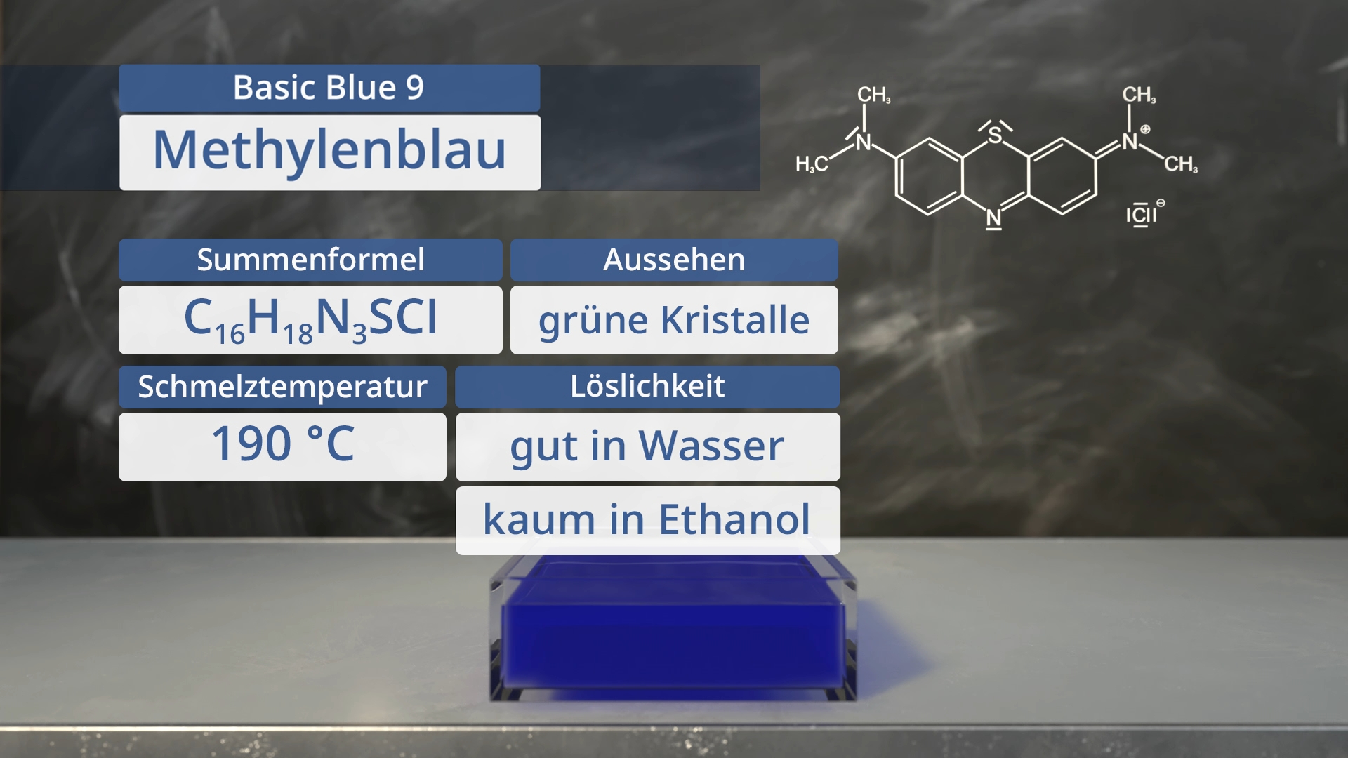 Infografik über Methylenblau mit chemischer Formel, Aussehen, Schmelztemperatur und Löslichkeit.